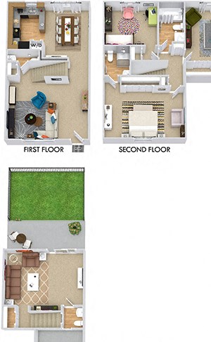 Covington with Fenced-in Yard Covington with Fenced-in Yard. 3 bedroom townhome + den. Kitchen with bartop open to living/dinning rooms. 2 full bathrooms + 2 powder rooms. Patio/balcony open to yard.